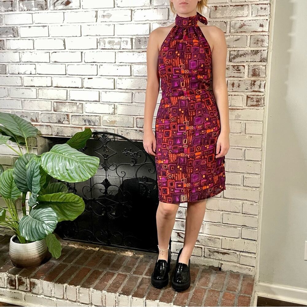 Vintage 90s Bright Pink Orange Geometric Print Mock Neck Halter Mini Dress Small